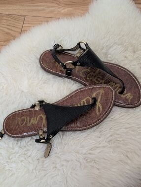 SAM EDELMAN BLACK LEATHER THONG SANDALS GOLD HARDWARE ANKLE STRAP SIZE 8.5